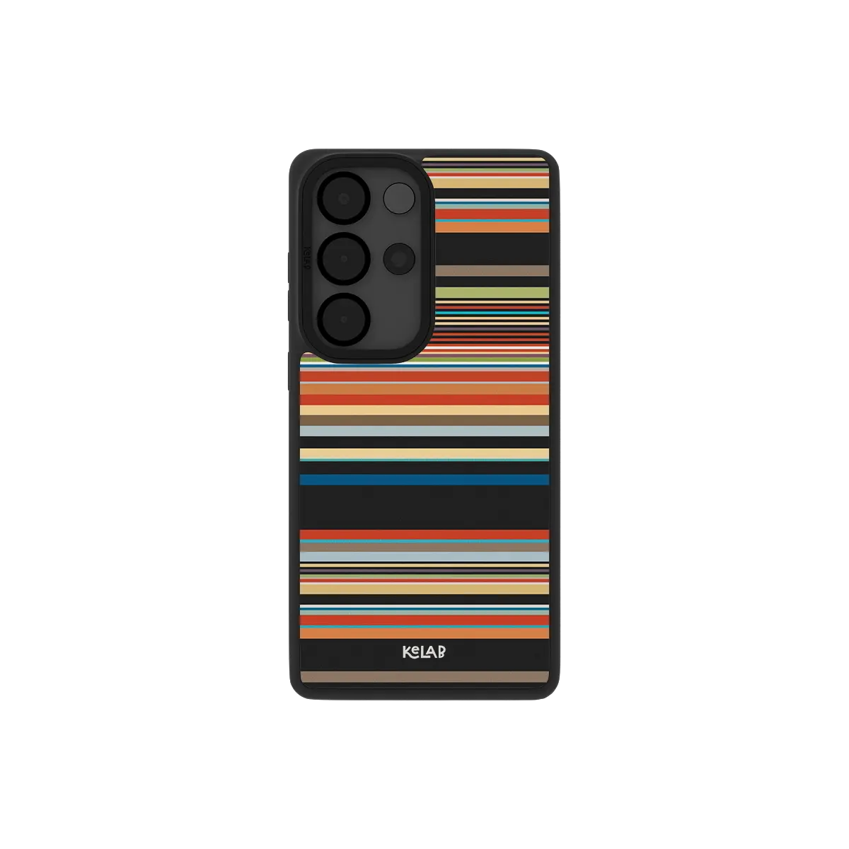 Colorful multi stripe Samsung Galaxy case, back view with bright lines on black around the camera cutout