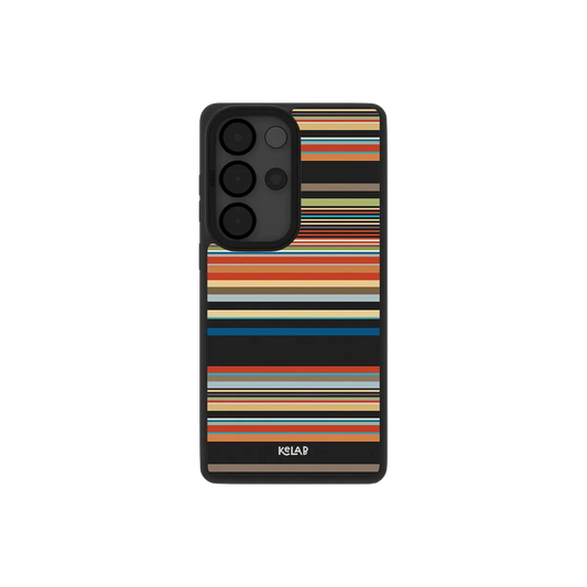 Colorful multi stripe Samsung Galaxy case, back view with bright lines on black around the camera cutout