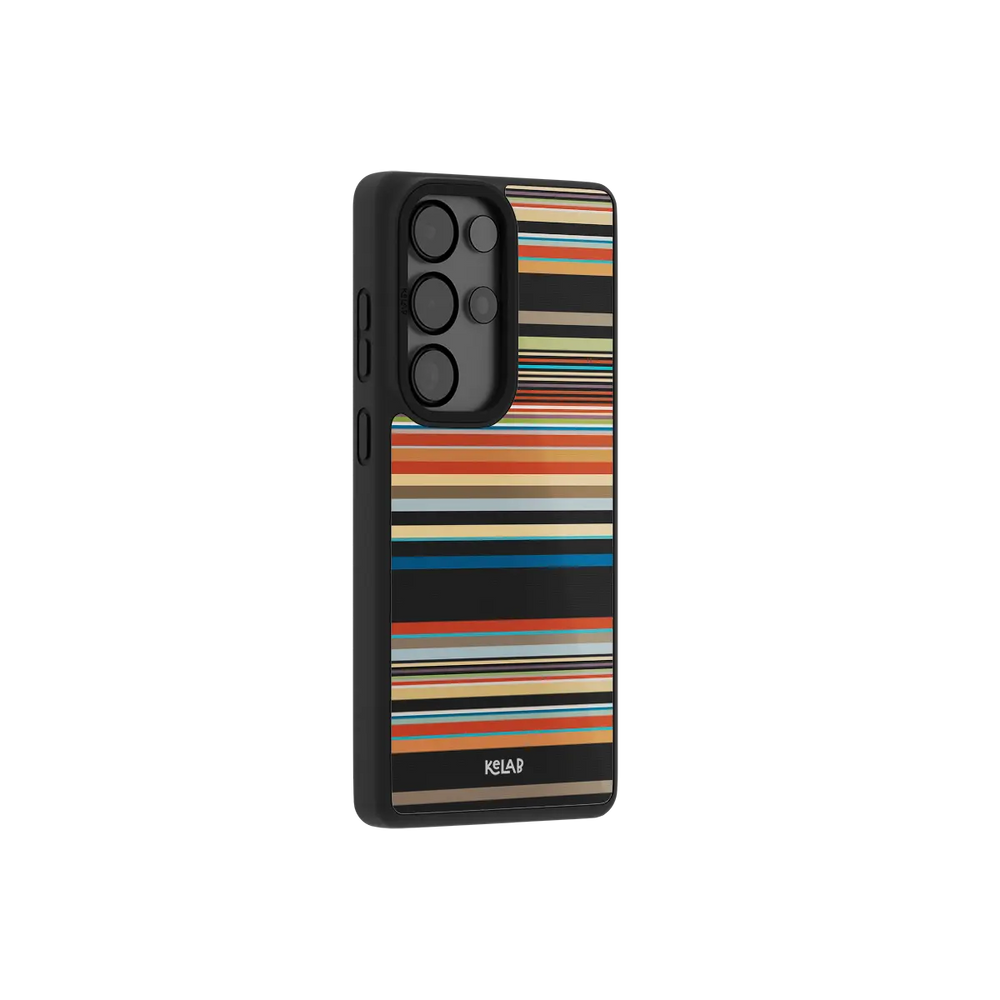 Colorful multi stripe Samsung Galaxy case at a side angle showing the wrapped button covers