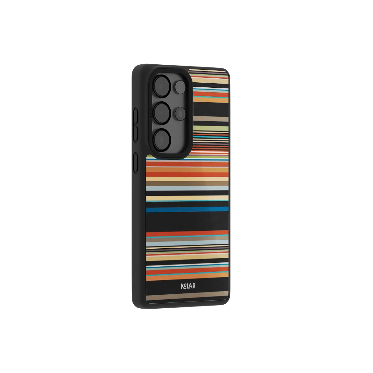Colorful multi stripe Samsung Galaxy case at a side angle showing the wrapped button covers
