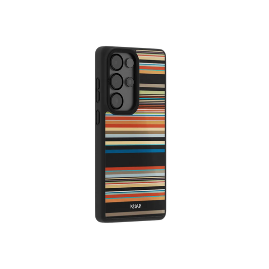 Colorful multi stripe Samsung Galaxy case at a side angle showing the wrapped button covers