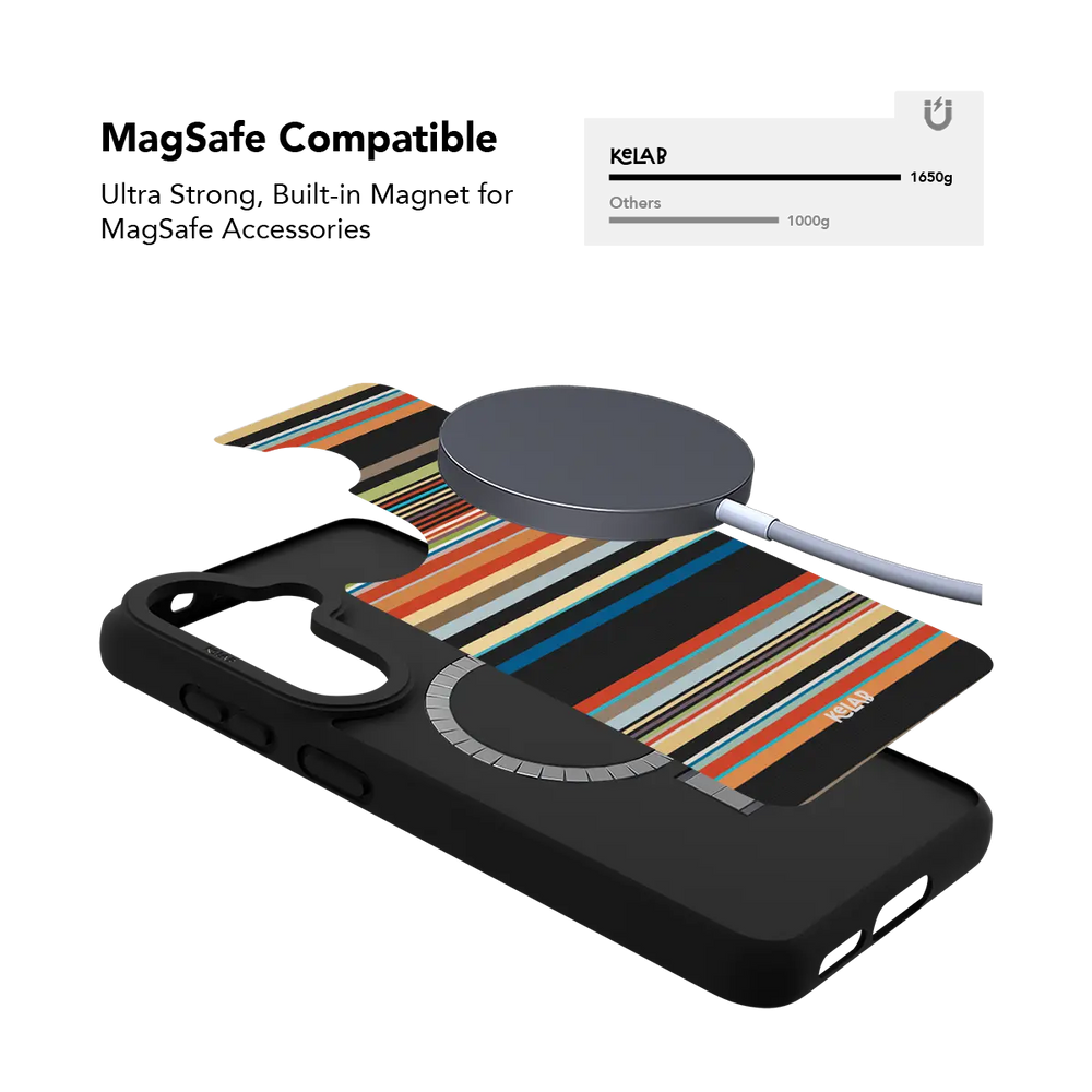 Colorful multi stripe Samsung Galaxy case holding a magnetic wireless charger through the built in ring