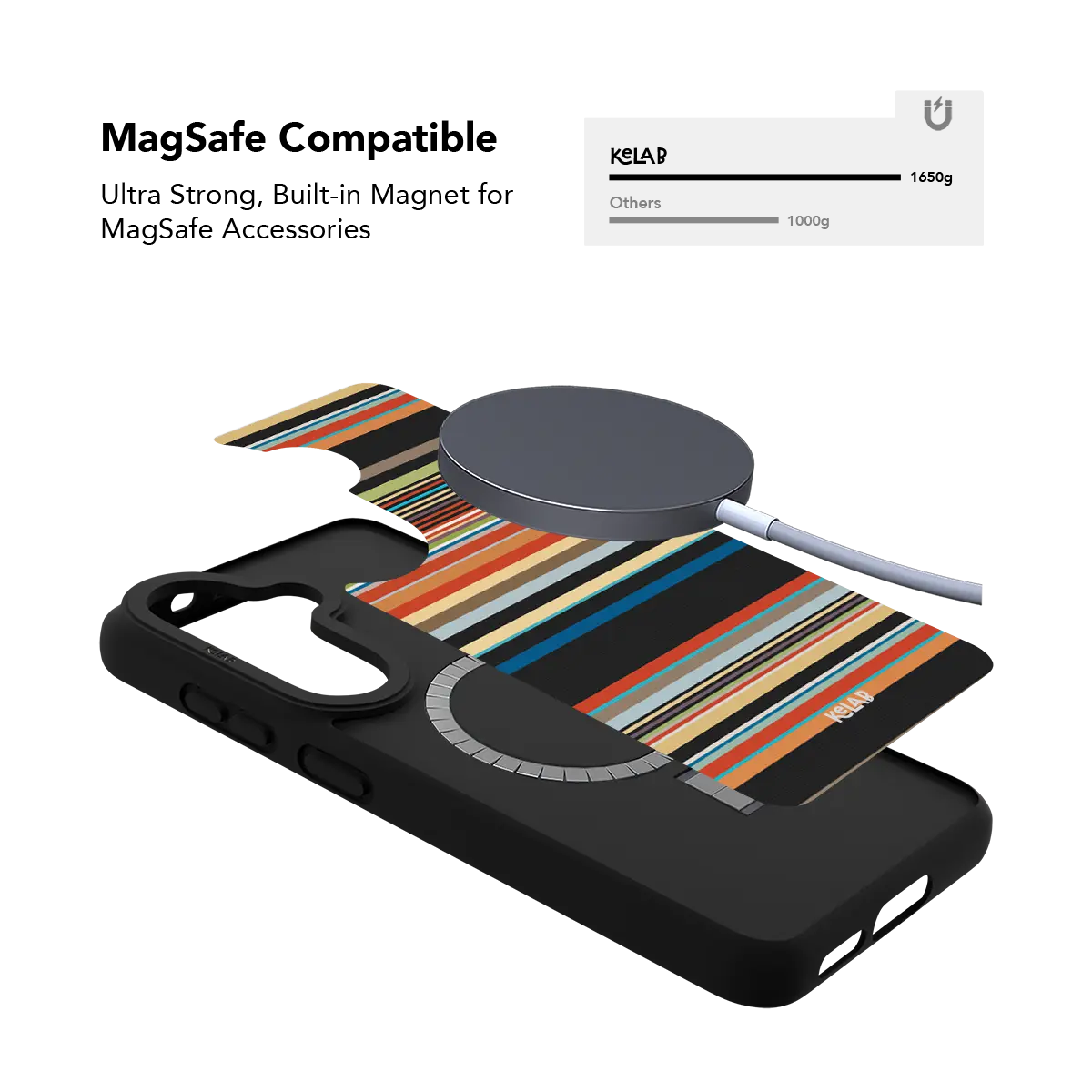 Colorful multi stripe Samsung Galaxy case holding a magnetic wireless charger through the built in ring