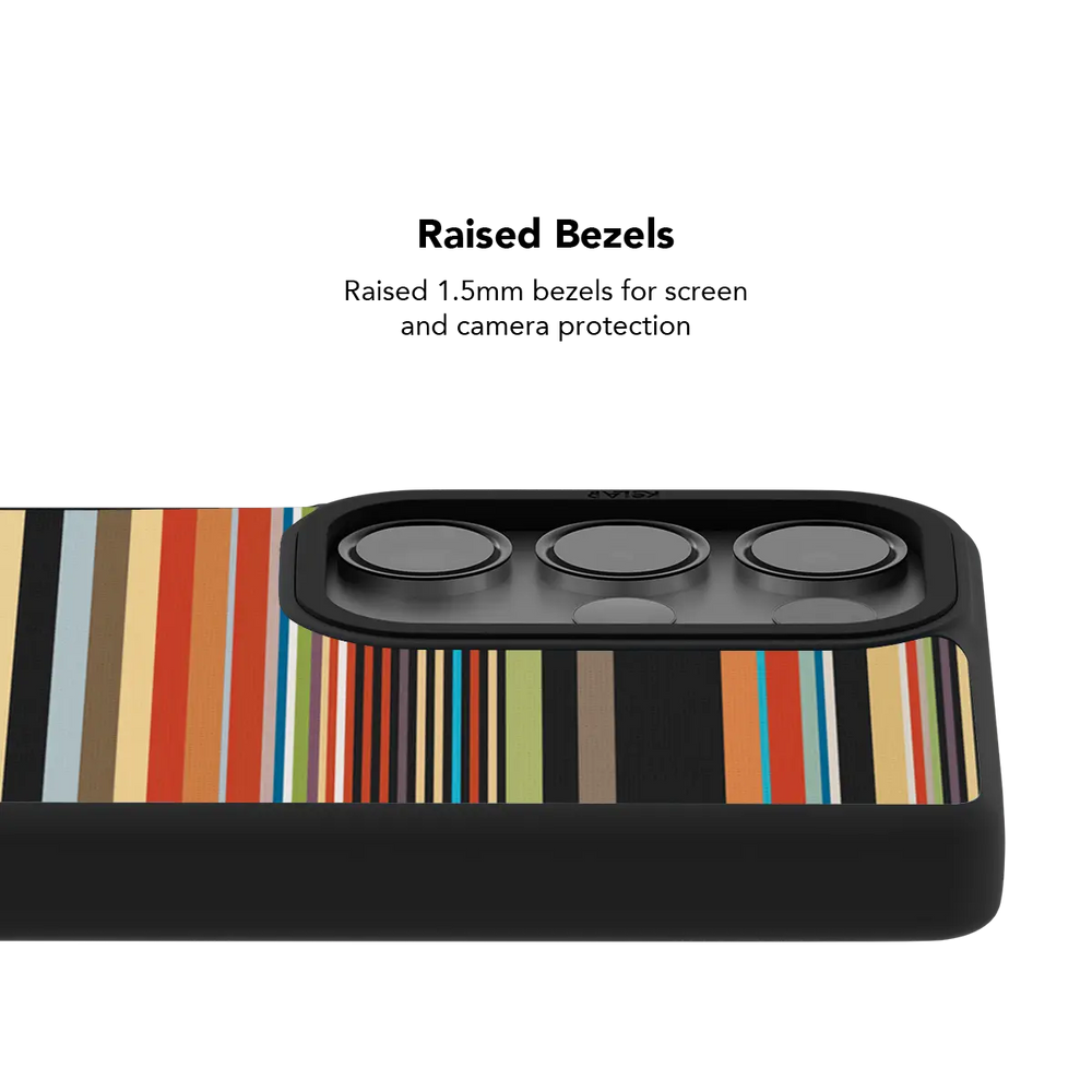 Raised bezel on the colorful stripe Galaxy case lifting the camera lenses clear of a flat surface