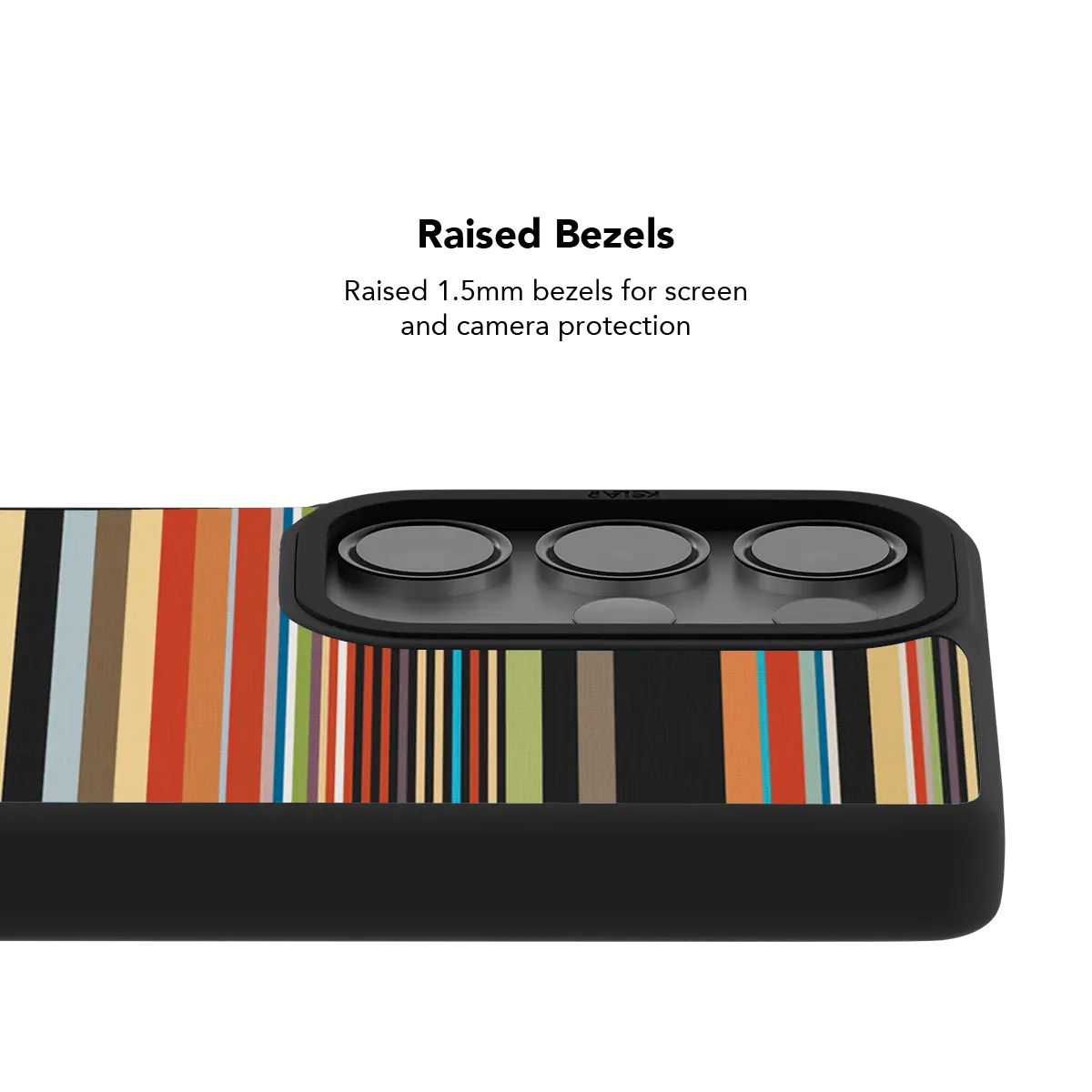 Raised bezel on the colorful stripe Galaxy case lifting the camera lenses clear of a flat surface