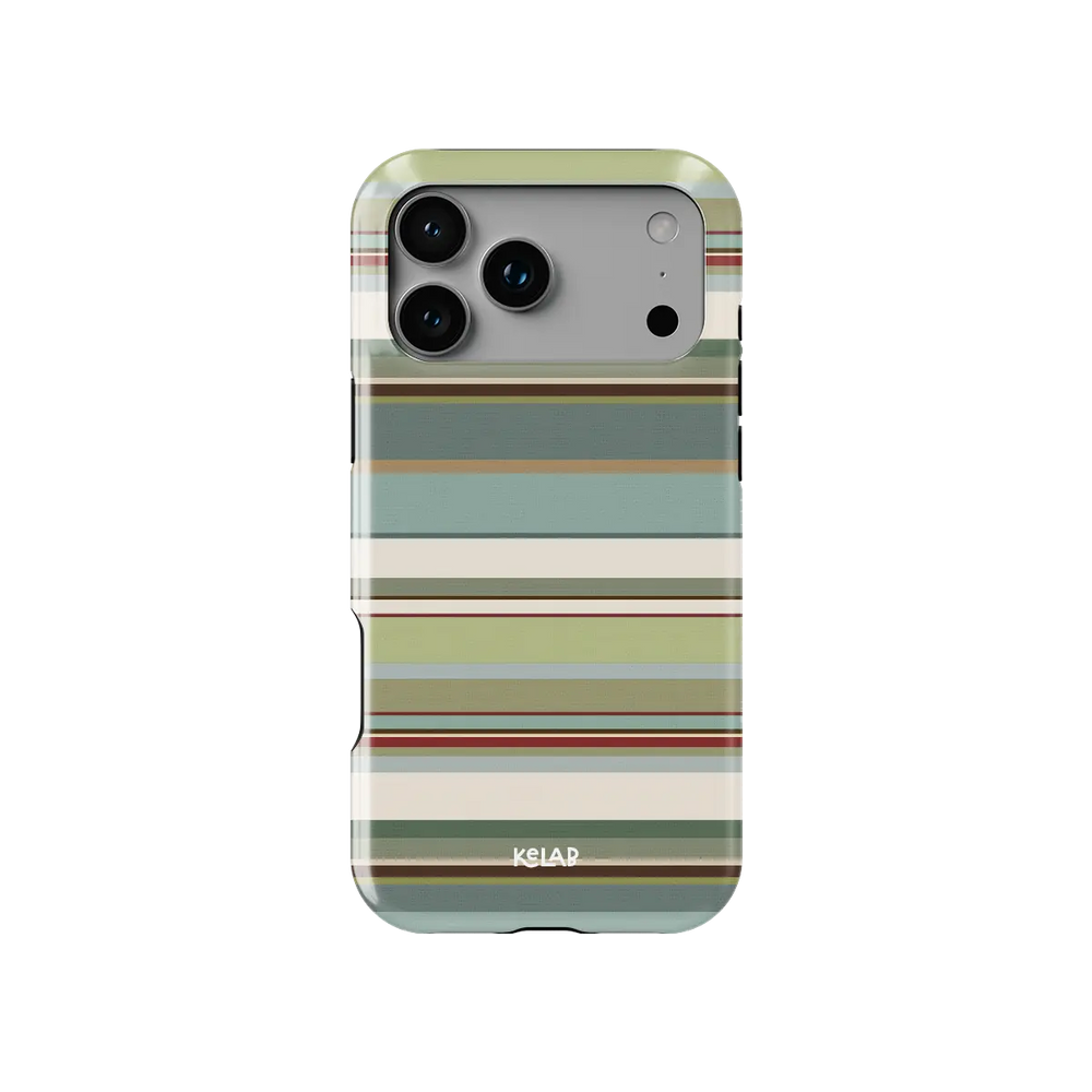 Sage green multi-stripe Tough iPhone case, front view showing the pattern.