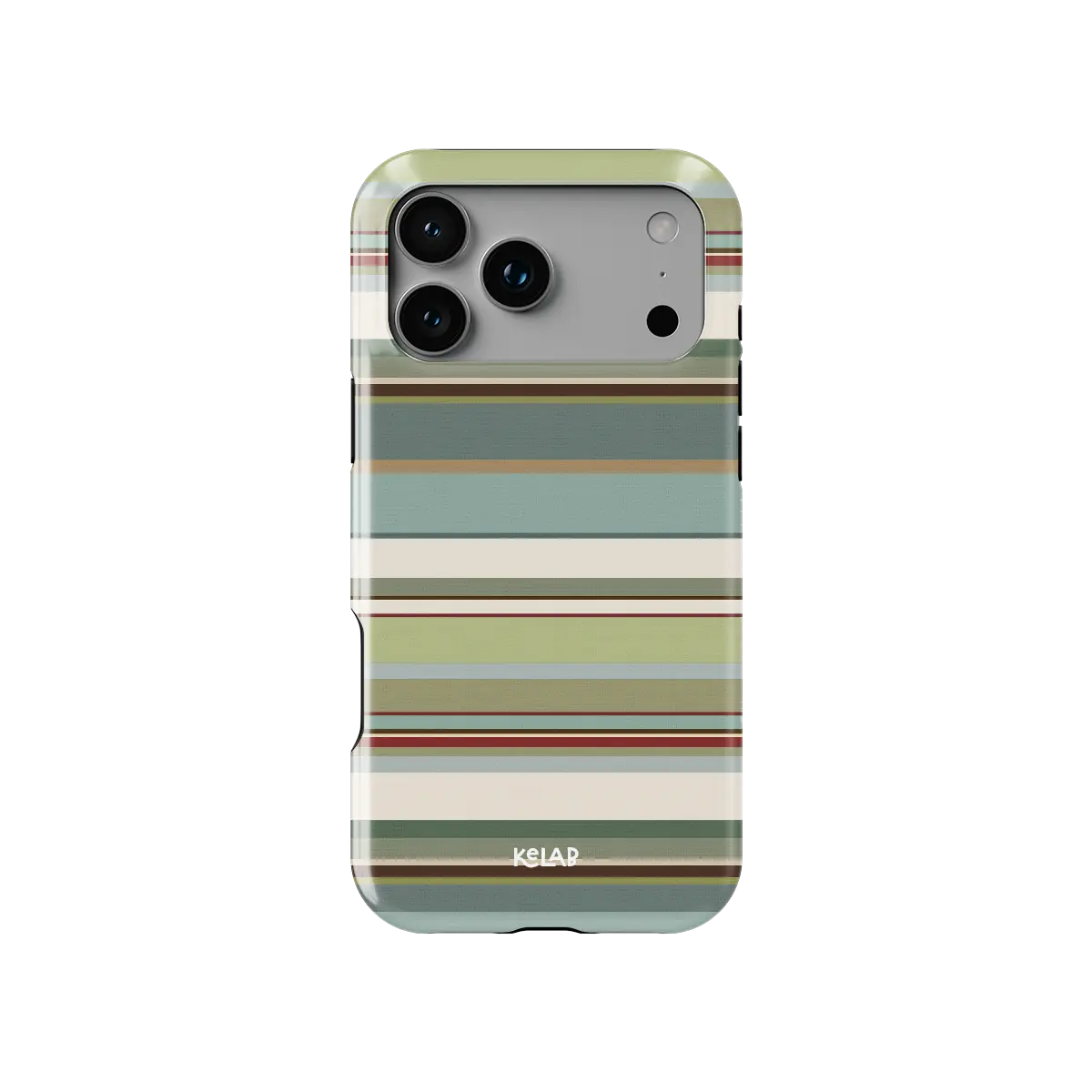 Sage green multi-stripe Tough iPhone case, front view showing the pattern.