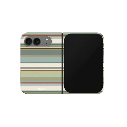Sage Green Multi Stripe, Earthy Vintage iPhone 18 Fold Case, unfolded front view