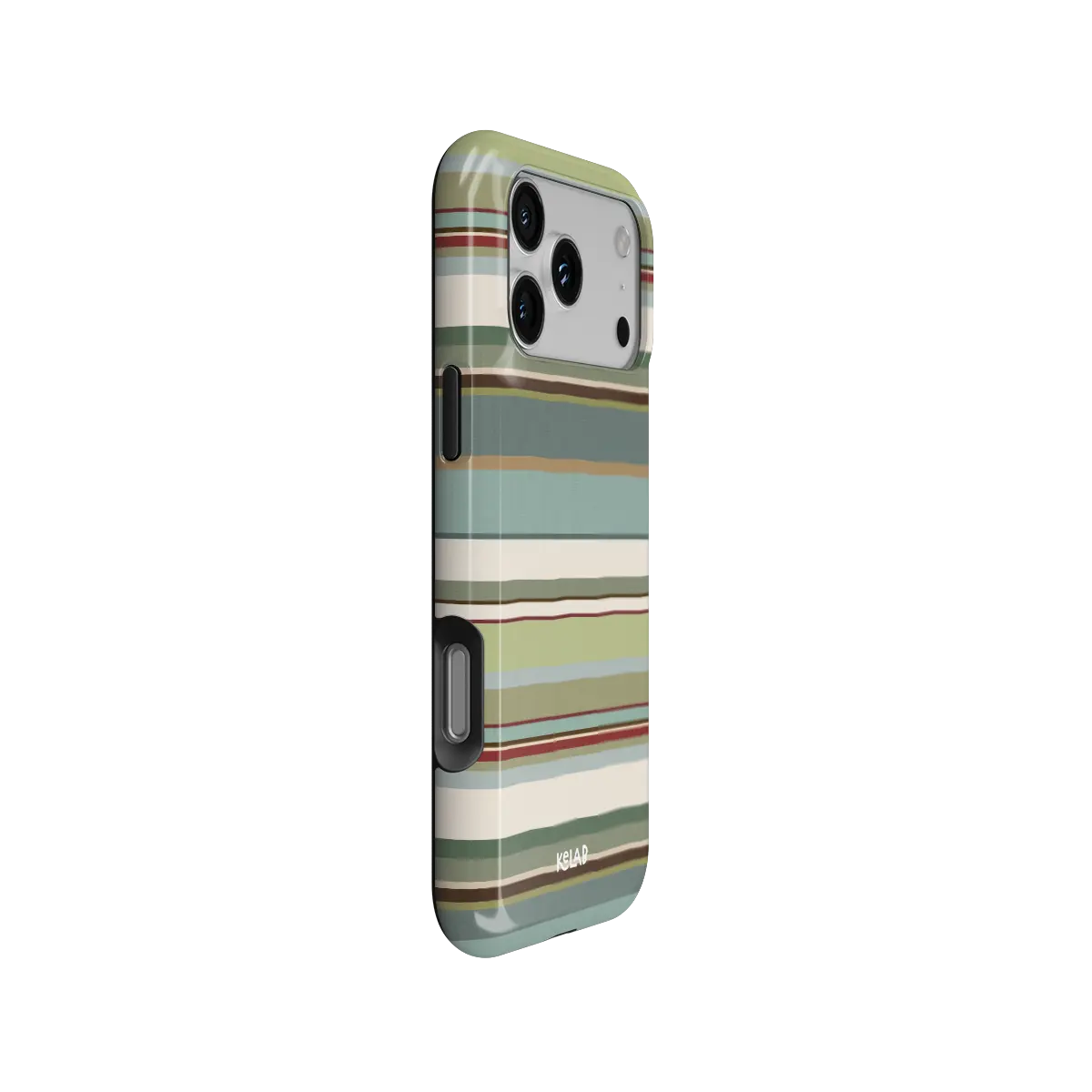 Sage green multi-stripe Tough iPhone case, side view with pattern wrapped around buttons.