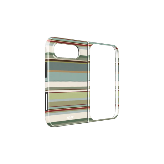 Sage Green Multi Stripe, Earthy Vintage iPhone 18 Fold Case, unfolded side view showing the hinge