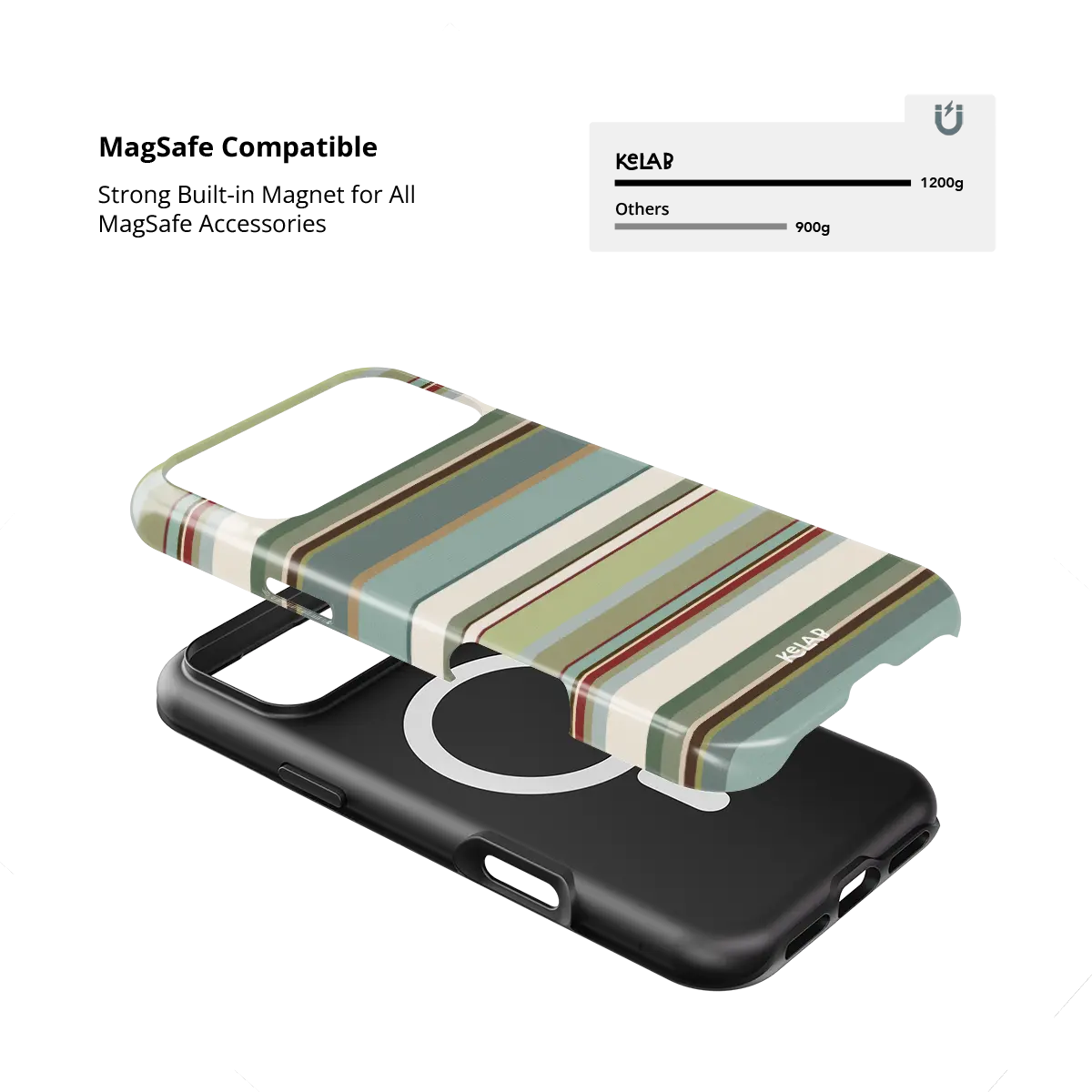 Sage green multi-stripe Tough iPhone case, built-in strong MagSafe magnets.