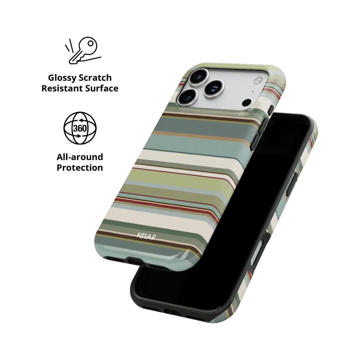 Sage green multi-stripe Tough iPhone case, glossy scratch-resistant all-around protection.