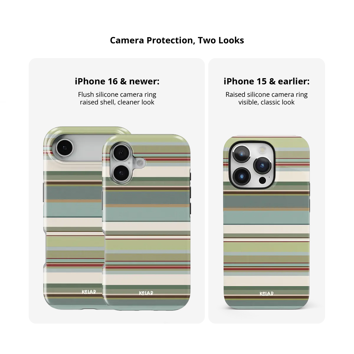 Sage green multi-stripe Tough iPhone case, size compared across iPhone 15-18 models.