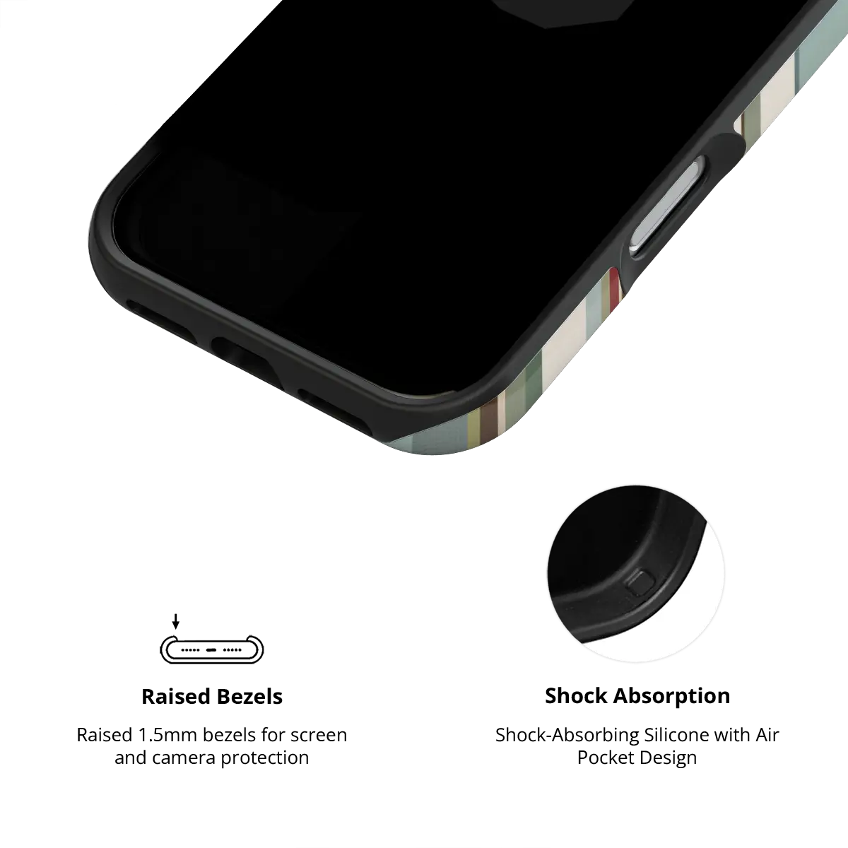 Sage green multi-stripe Tough iPhone case, inner view with shock-absorbing liner.