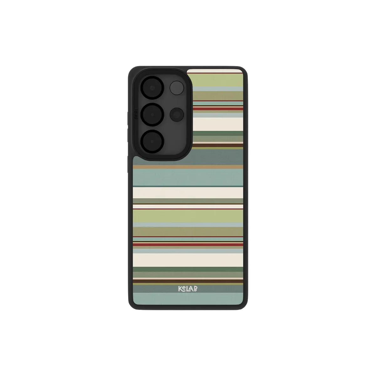 Sage green multi stripe Samsung Galaxy case, back view with olive, cream and terracotta bands around the camera cutout
