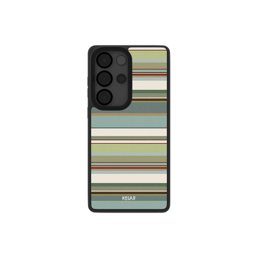 Sage green multi stripe Samsung Galaxy case, back view with olive, cream and terracotta bands around the camera cutout