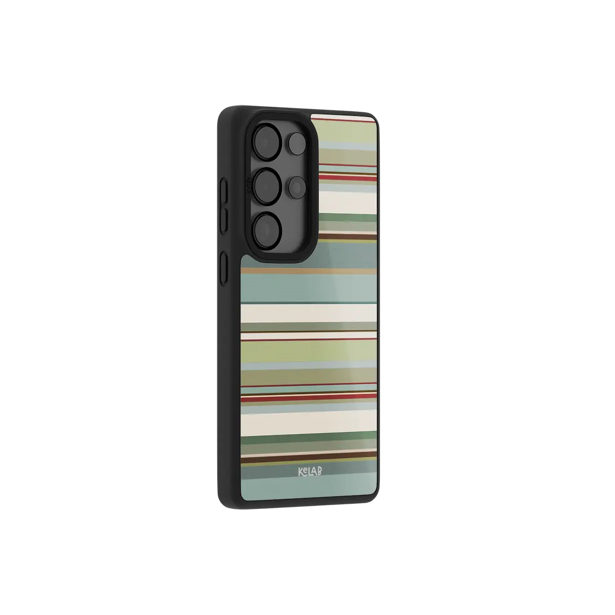 Sage green multi stripe Samsung Galaxy case at a side angle showing the wrapped button covers