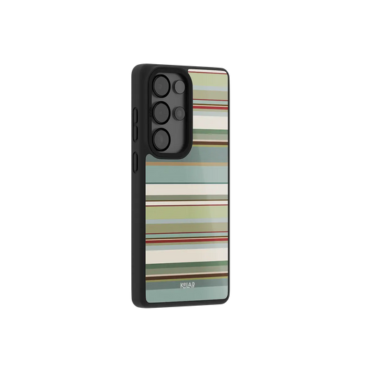 Sage green multi stripe Samsung Galaxy case at a side angle showing the wrapped button covers