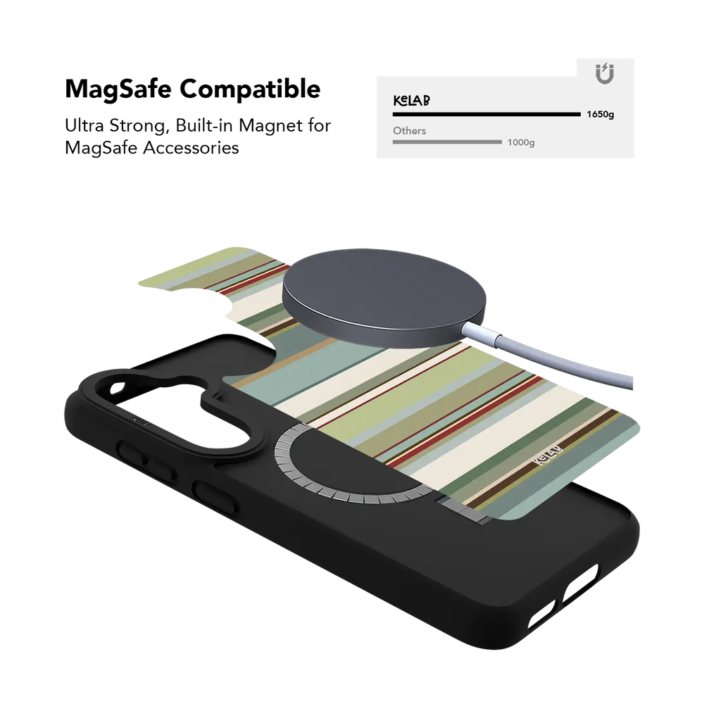 Sage green multi stripe Samsung Galaxy case holding a magnetic wireless charger through the built in ring