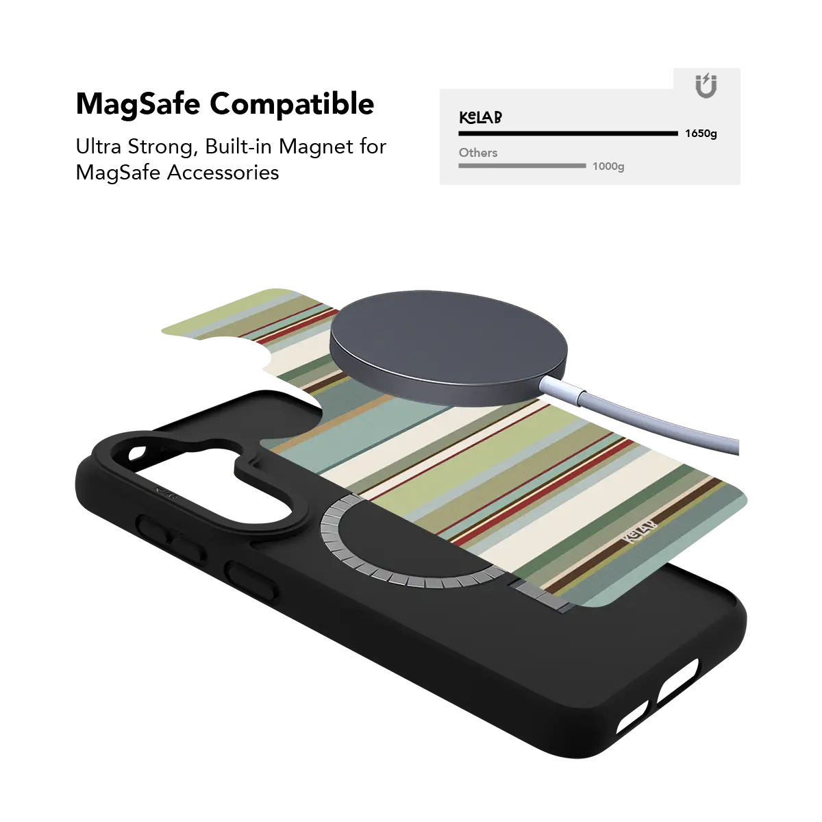 Sage green multi stripe Samsung Galaxy case holding a magnetic wireless charger through the built in ring