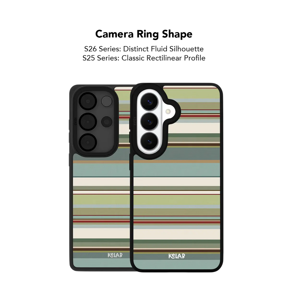 Close up of the camera ring cutout on the sage green multi stripe Samsung Galaxy case