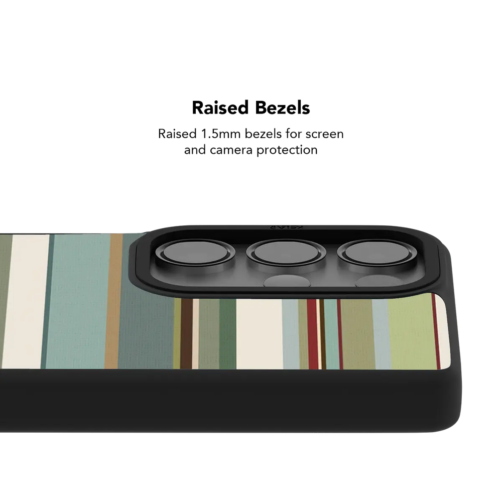 Raised bezel on the sage green stripe Galaxy case lifting the camera lenses clear of a flat surface