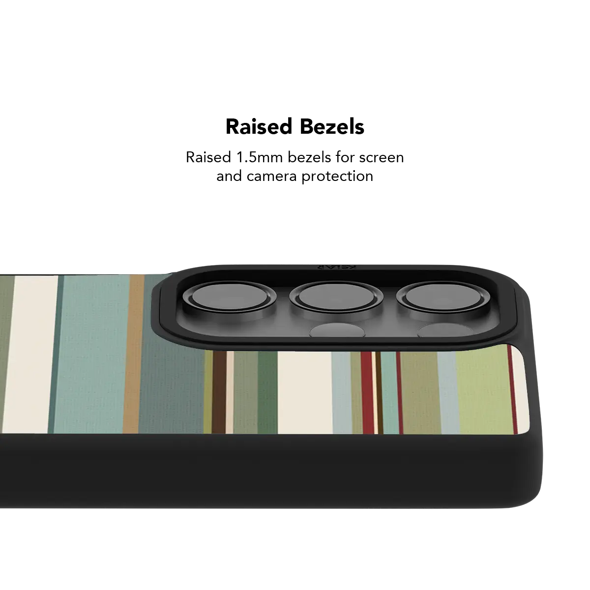Raised bezel on the sage green stripe Galaxy case lifting the camera lenses clear of a flat surface