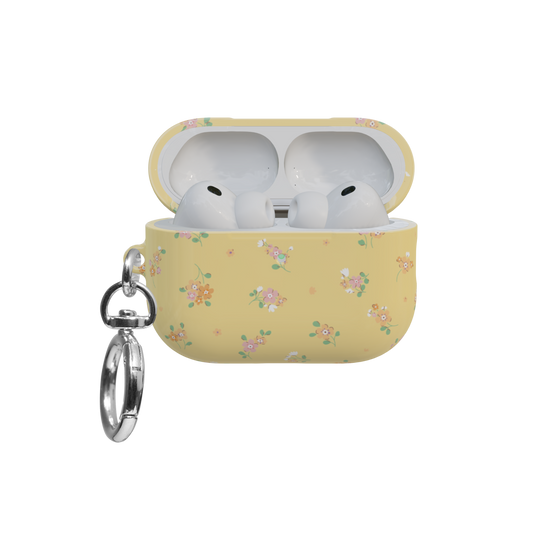 Pastel Yellow Floral airpods pro case front view with open lid and keychain