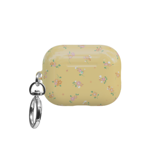Pastel Yellow Floral airpods pro case front view with closed lid and keychain