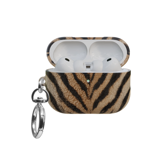 Orange Tiger Print airpods pro case front view with open lid and keychain