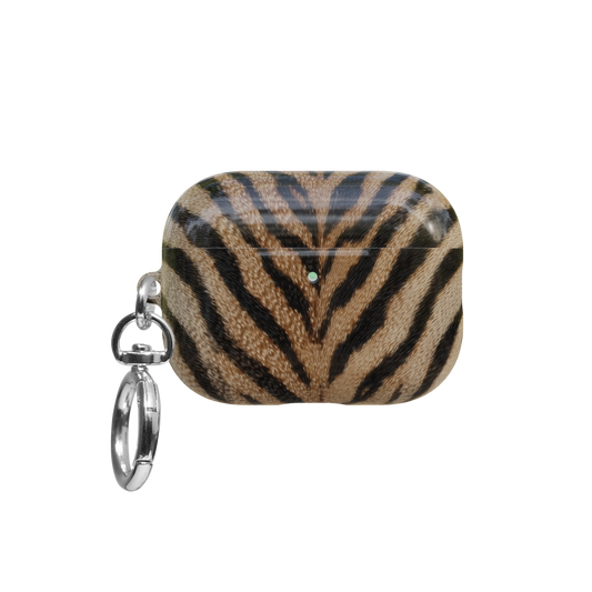 Orange Tiger Print airpods pro case front view with closed lid and keychain