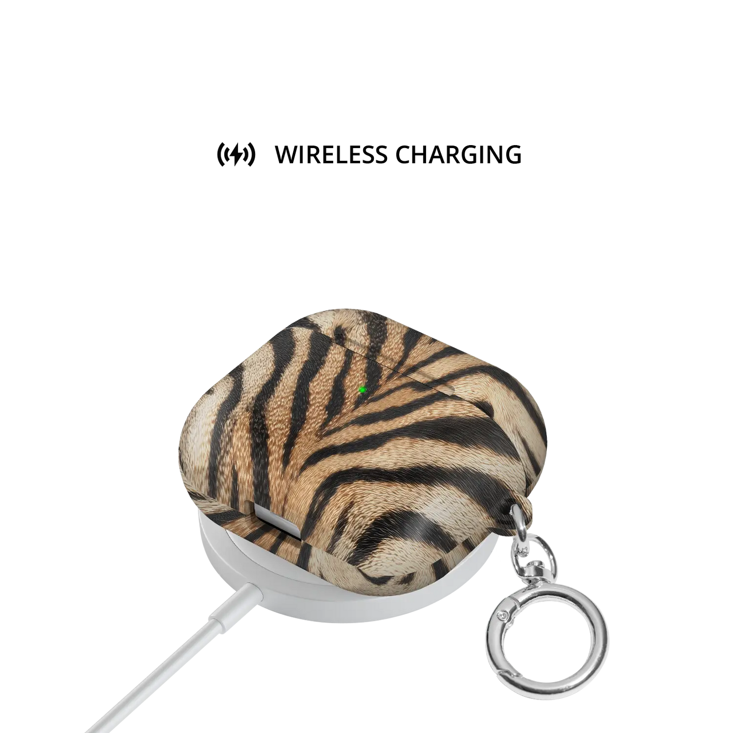Fierce | Orange Tiger Print AirPods Case - shown on wireless charger