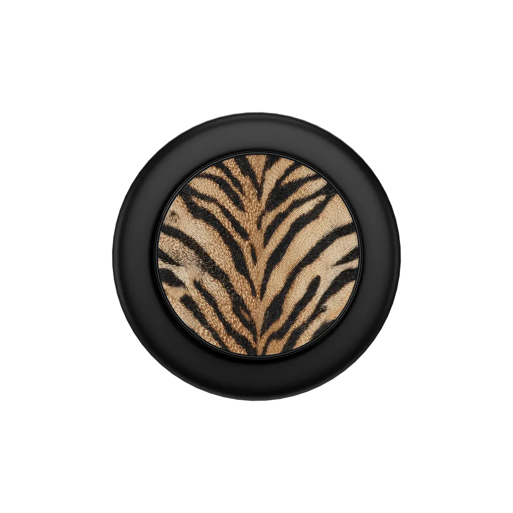 Fierce orange tiger print MagSafe phone grip with black ring folded flat, top down view.