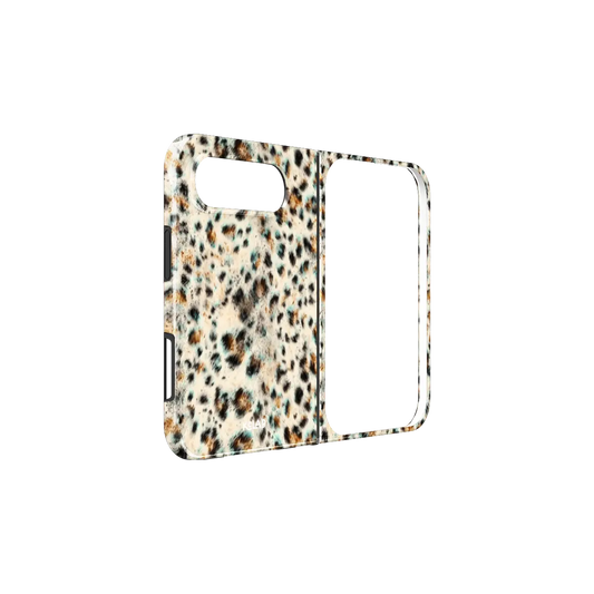 Teal Leopard Print, Cool Leopard iPhone 18 Fold Case, unfolded side view showing the hinge