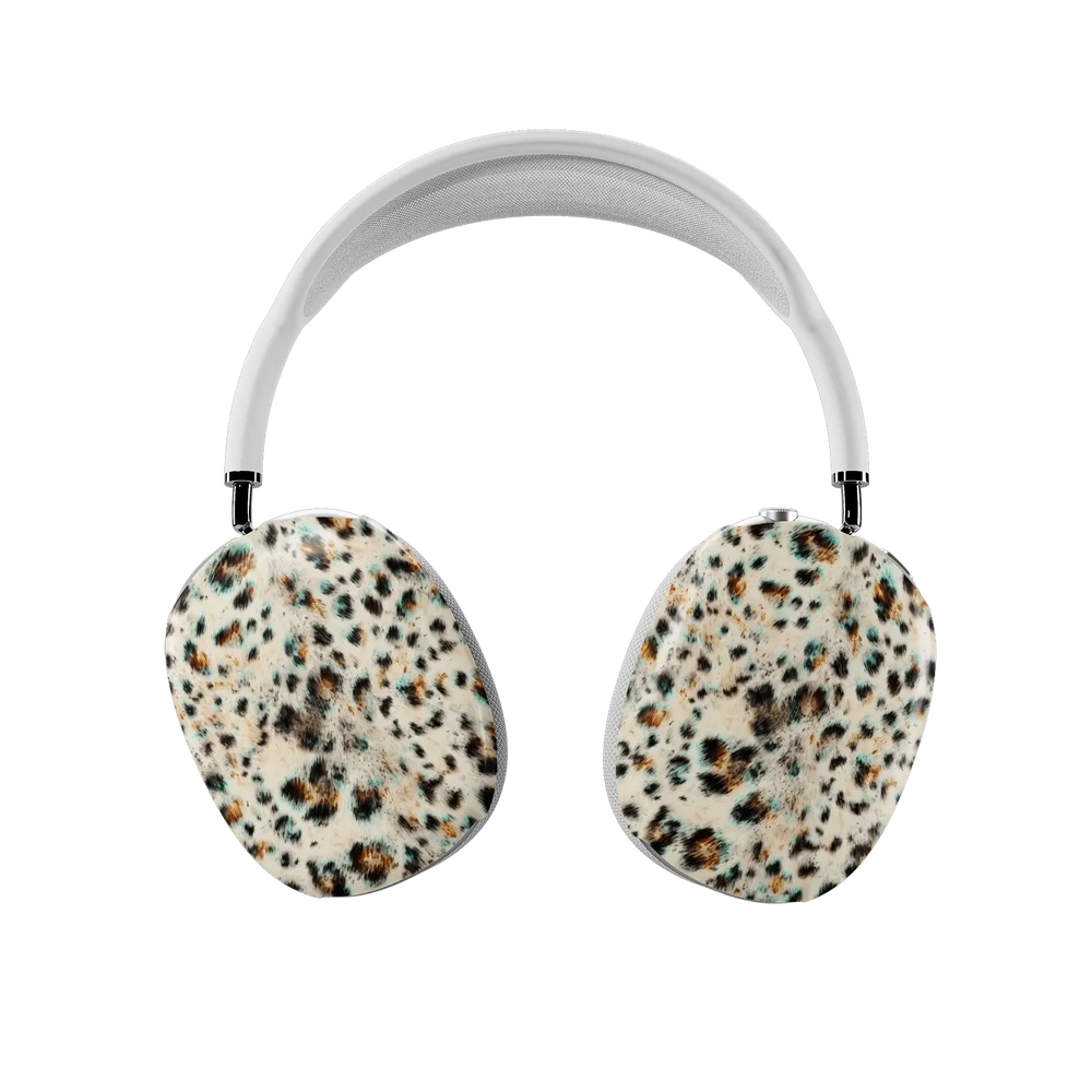 Teal leopard print AirPods Max covers fitted on both earcups, front view
