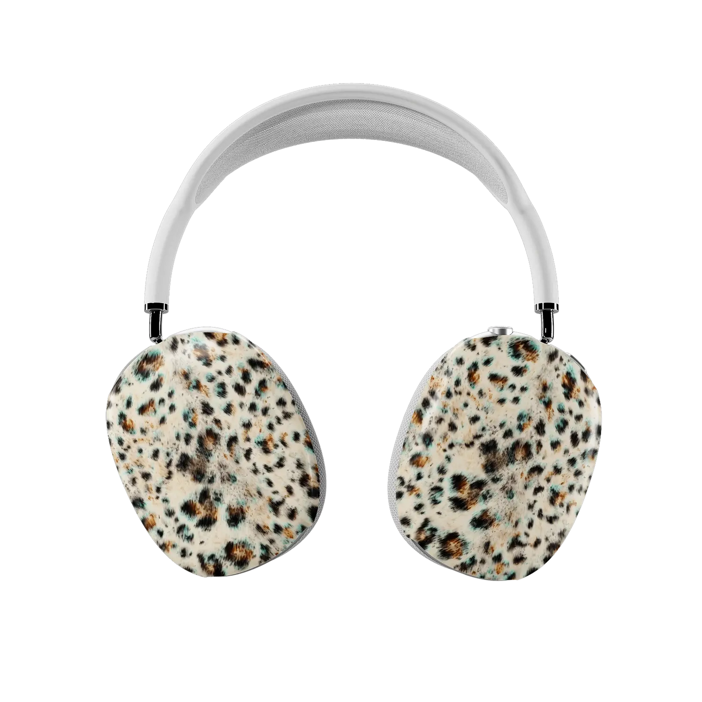 Teal leopard print AirPods Max covers fitted on both earcups, front view