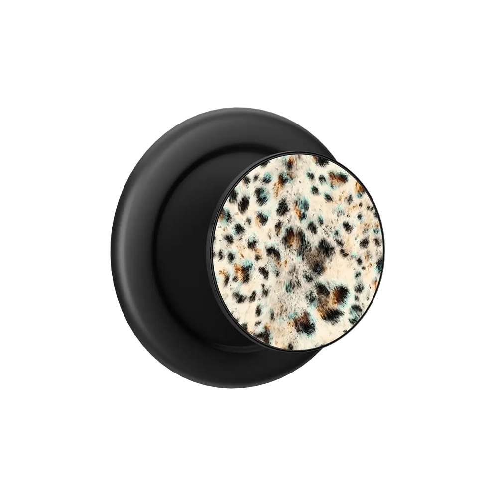 Teal leopard print MagSafe phone grip with black ring, expanded and standing open
