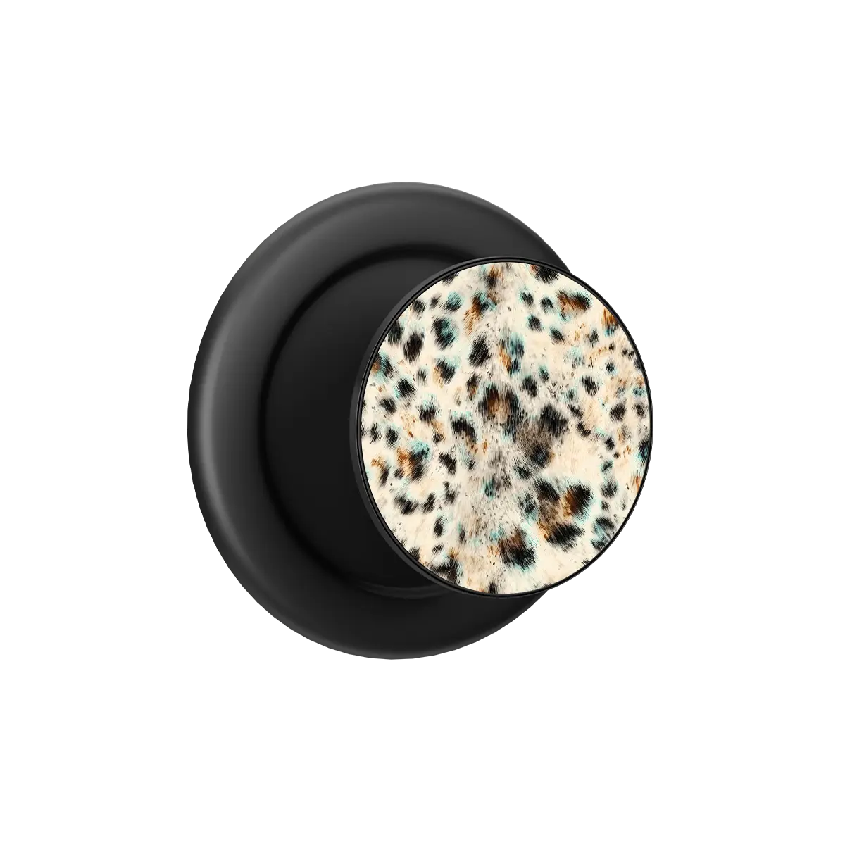Teal leopard print MagSafe phone grip with black ring, expanded and standing open