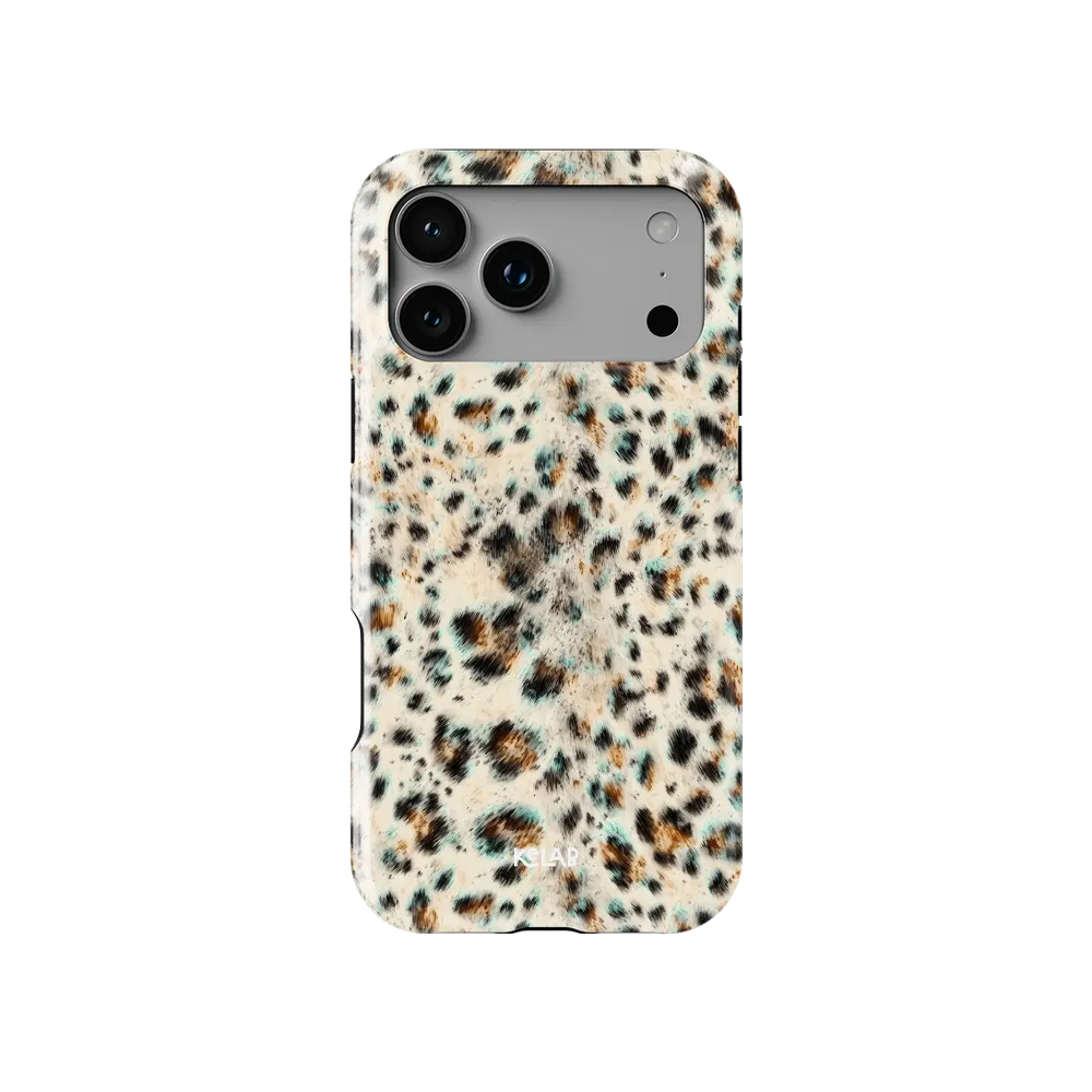 Teal leopard print Tough iPhone case, back view with turquoise spots on ivory around the camera cutout