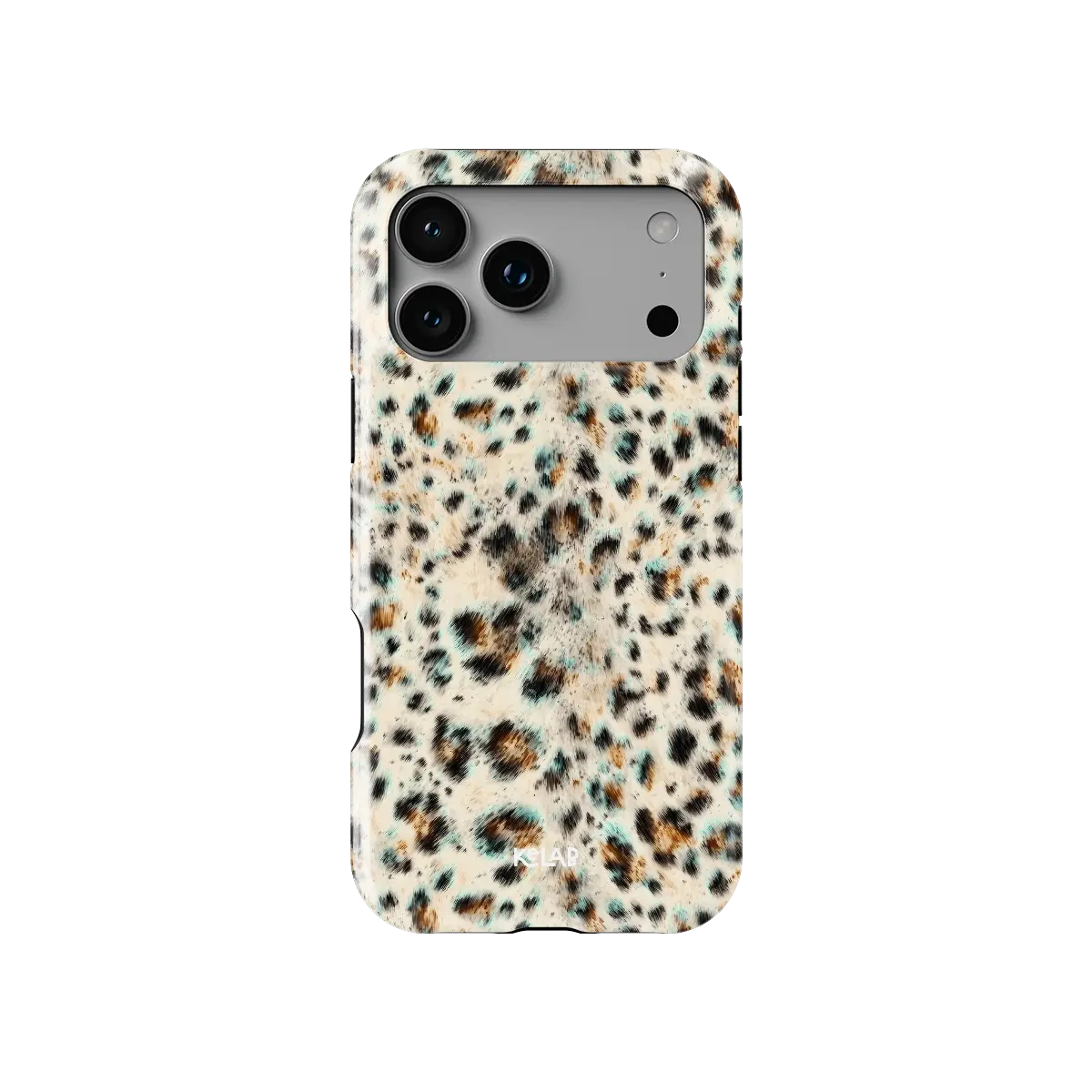 Teal leopard print Tough iPhone case, back view with turquoise spots on ivory around the camera cutout