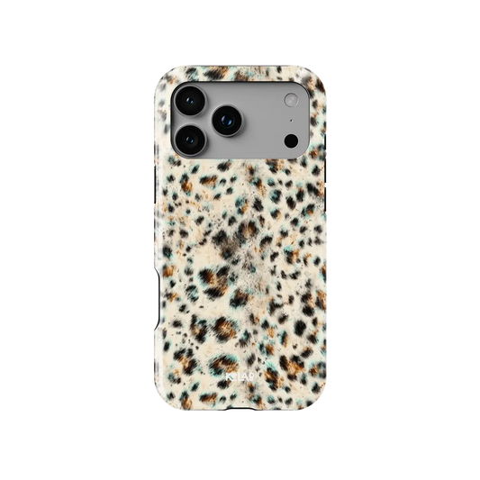 Teal leopard print Tough iPhone case, back view with turquoise spots on ivory around the camera cutout