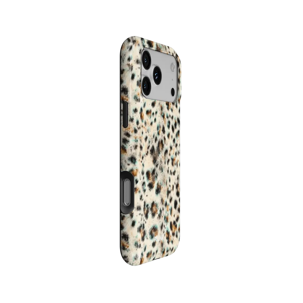 Teal leopard Tough iPhone case at a side angle showing the wrapped button covers
