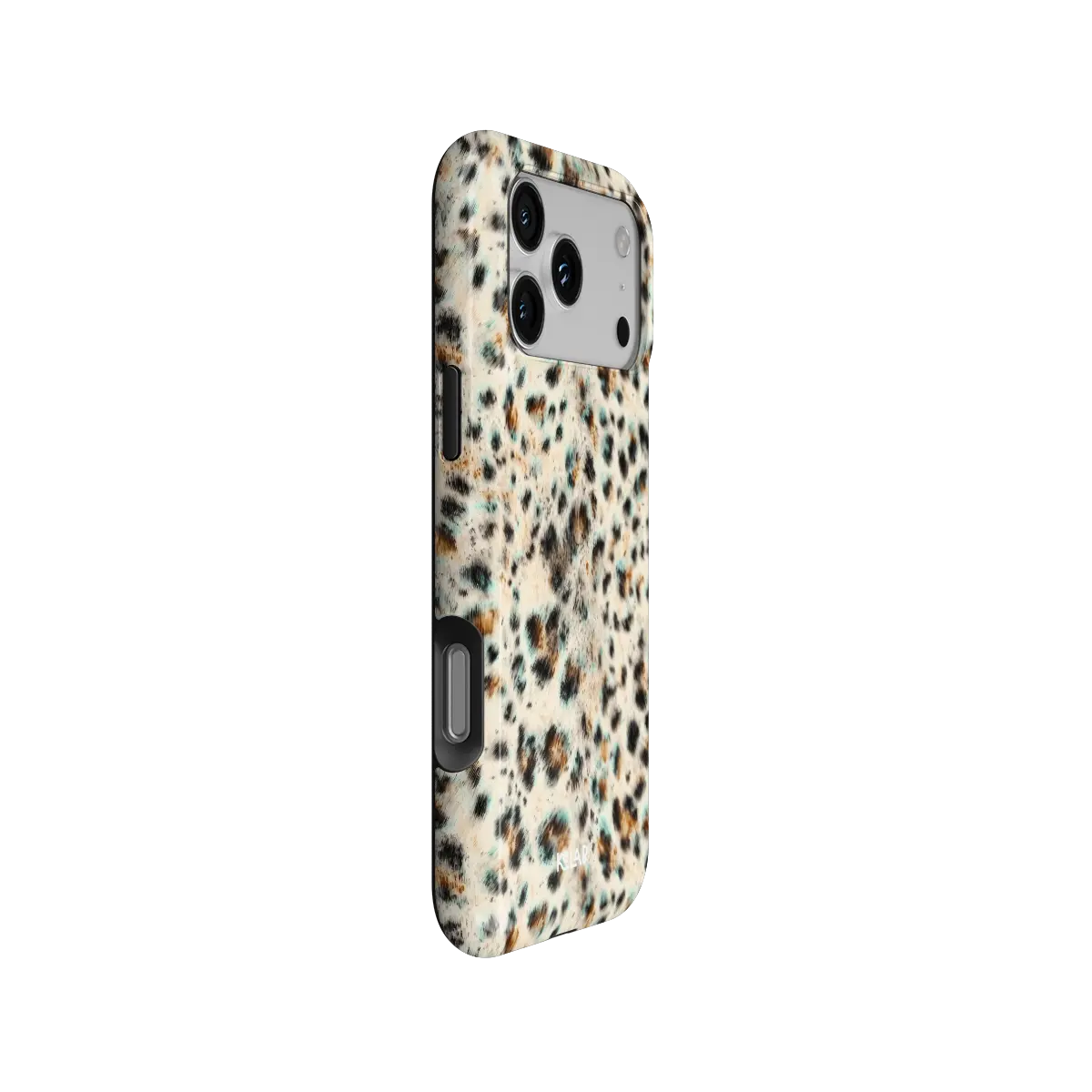 Teal leopard Tough iPhone case at a side angle showing the wrapped button covers