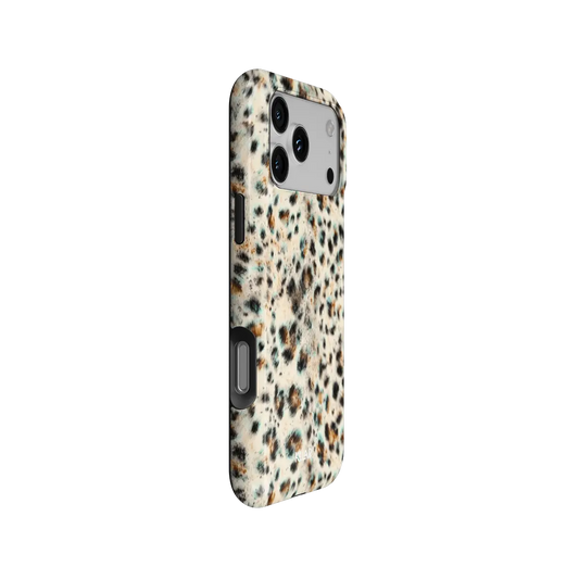 Teal leopard Tough iPhone case at a side angle showing the wrapped button covers