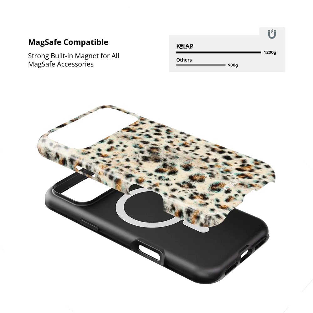Teal leopard Tough iPhone case holding a MagSafe charger through the built in magnets
