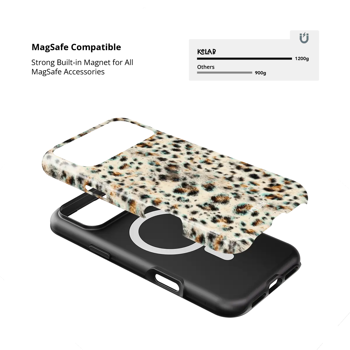 Teal leopard Tough iPhone case holding a MagSafe charger through the built in magnets