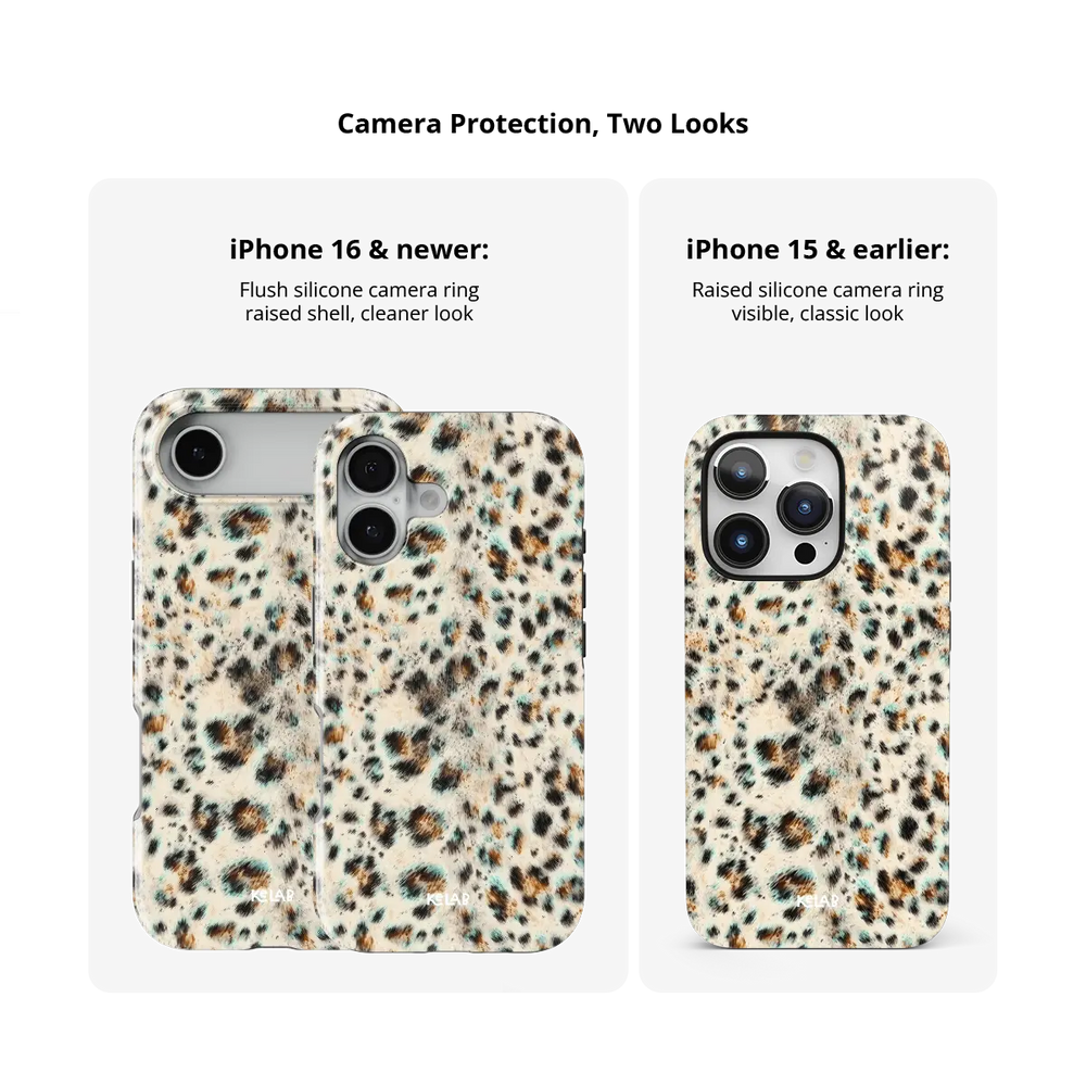 Camera protection on the teal leopard Tough iPhone case compared across iPhone models