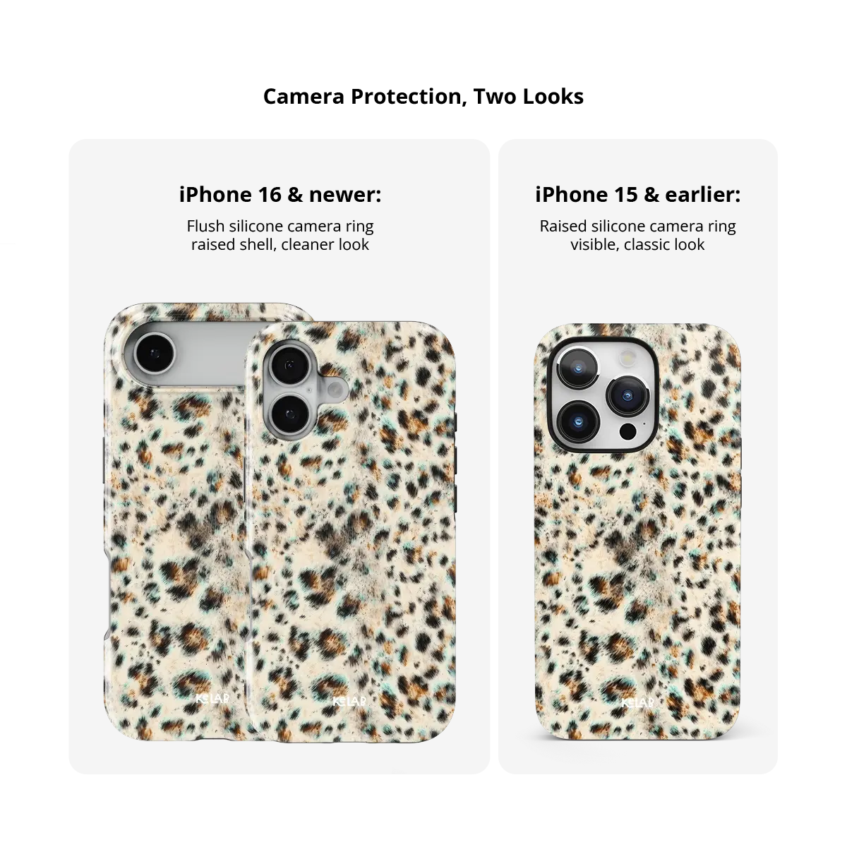 Camera protection on the teal leopard Tough iPhone case compared across iPhone models