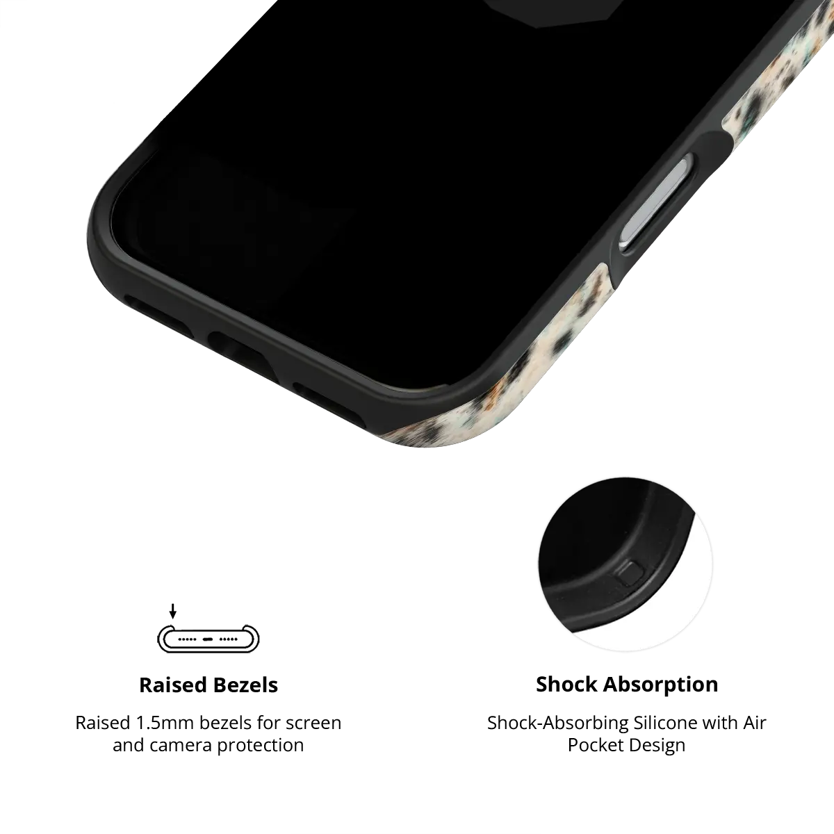 Raised bezel and shock absorbing corners on the teal leopard Tough iPhone case