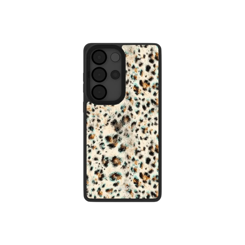 Teal leopard print Samsung Galaxy case, back view with turquoise spots on ivory around the camera cutout